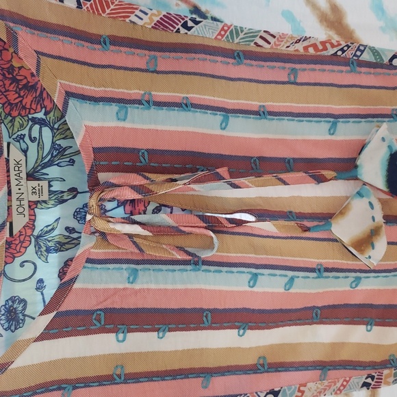 John Mark Plus Size Tie Dye Print Woven Embroidered Tie Neck - Picture 4 of 4